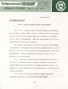 Mint to Unveil Historic Tiffany Glass Mosaics, May 24, 1971. Full text is duplicated in the body of this page.