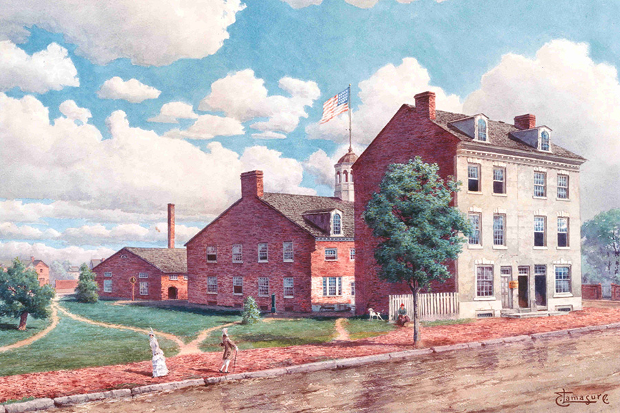 painting of three-story brick building with two smaller buildings behind